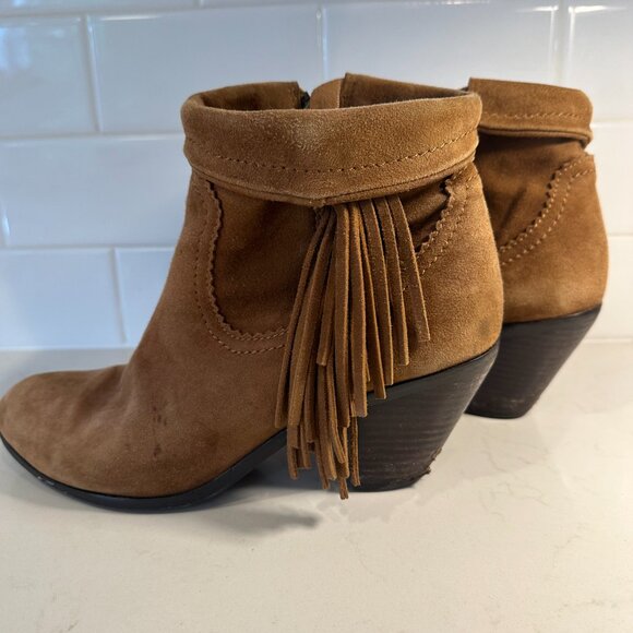 Sam Edelman Louie Ankle Boots Womens Size 7.5 M Brown Tan Suede Fringe Trim Zip - Picture 4 of 13